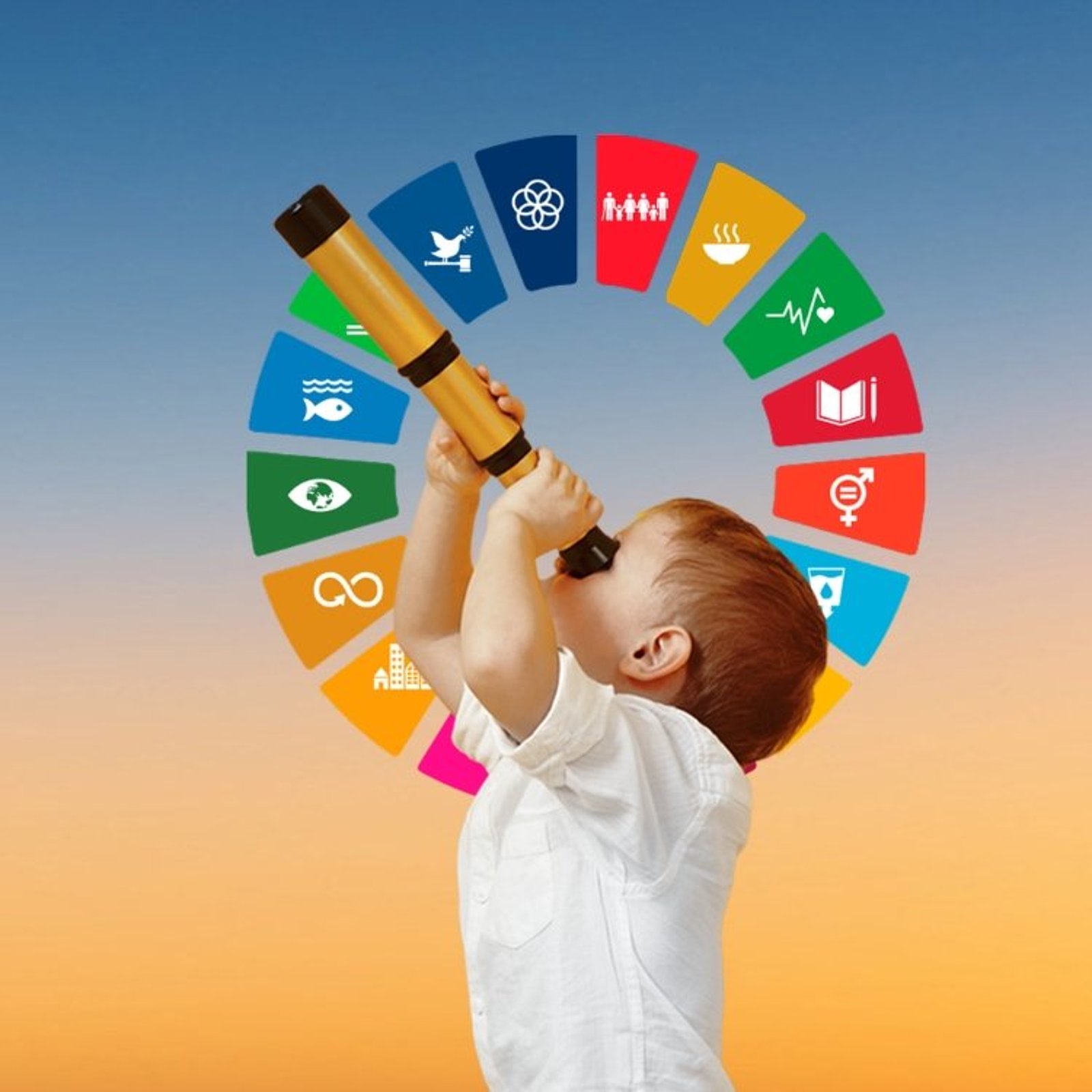 Wirkungsbooster Insights Banner Kind mit Fernrohr und Sustainable Development Goals Wirkungsbooster Insights Banner Kind mit Fernrohr und Sustainable Development Goals