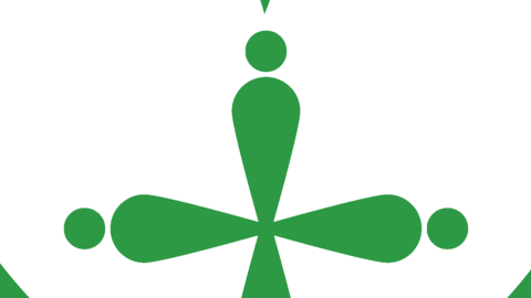 Grünes, stilisiertes Symbol mit einem Punkt oben, einem Tropfen-förmigen Element darunter und vier horizontalen, tropfenförmigen Elementen, die ein Kreuz bilden, umgeben von einem grünen Kreis